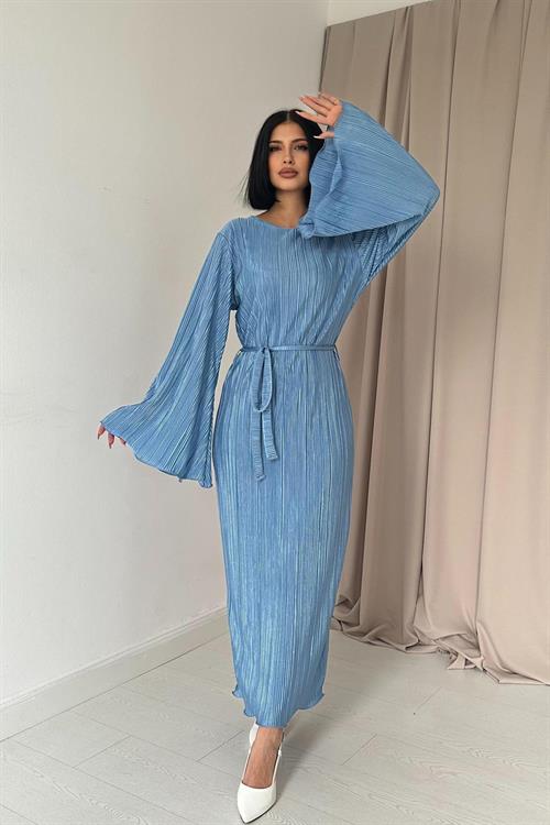 Wholesale Blue Pleated Dress with Bell Sleeves
