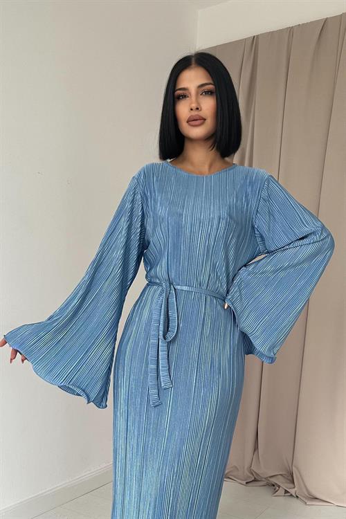Wholesale Blue Pleated Dress with Bell Sleeves