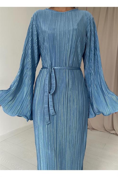 Wholesale Blue Pleated Dress with Bell Sleeves