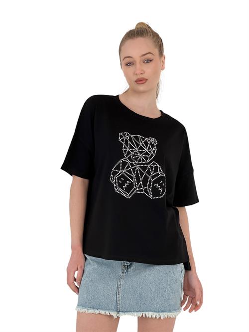 Womens Teddy Bear Stone Printed Short Sleeve Loose Black T-Shirt