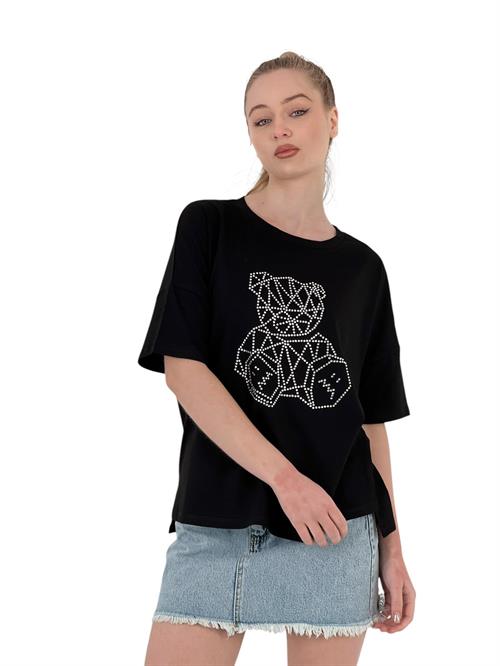 Womens Teddy Bear Stone Printed Short Sleeve Loose Black T-Shirt