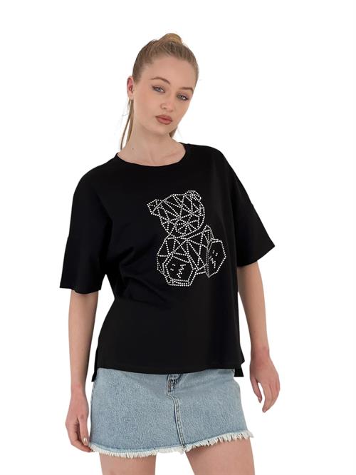 Womens Teddy Bear Stone Printed Short Sleeve Loose Black T-Shirt