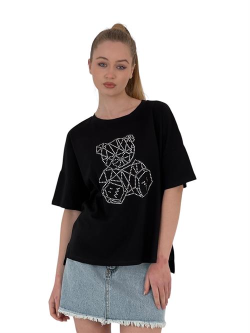 Womens Teddy Bear Stone Printed Short Sleeve Loose Black T-Shirt