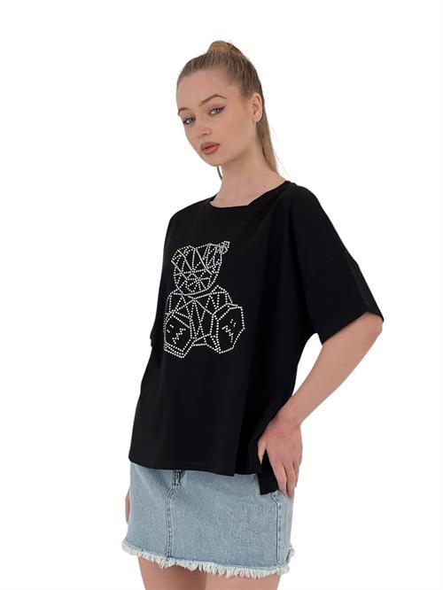Womens Teddy Bear Stone Printed Short Sleeve Loose Black T-Shirt