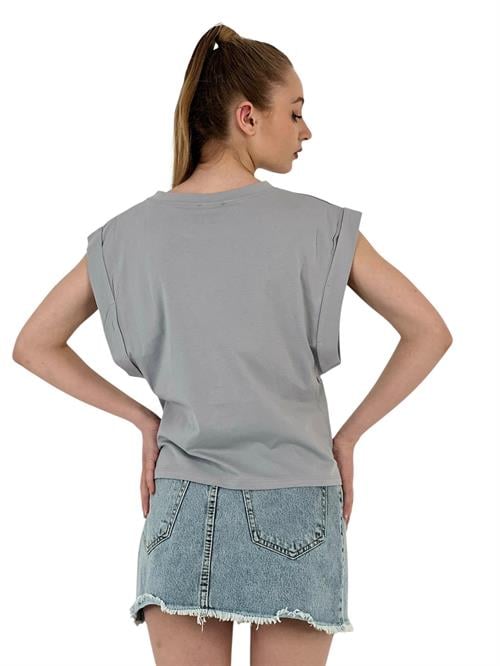 Womens Printed Wide Sleeve Summer Loose Gray T-Shirt