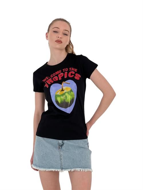 Womens Fruit Printed Short Sleeve Summer Black T-Shirt