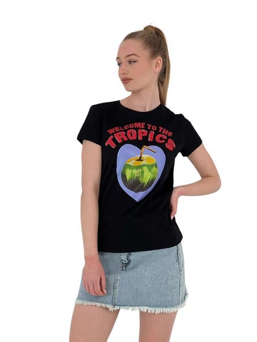 Womens Fruit Printed Short Sleeve Summer Black T-Shirt