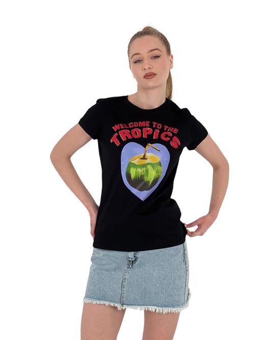 Womens Fruit Printed Short Sleeve Summer Black T-Shirt