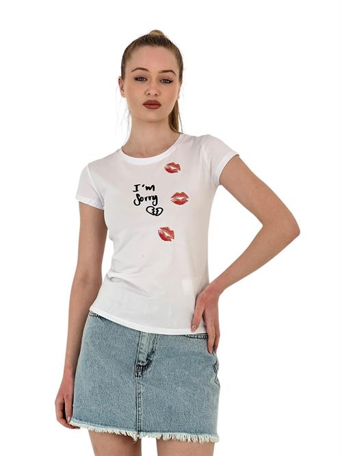 Womens Kiss Printed Short Sleeve Tight White T-Shirt