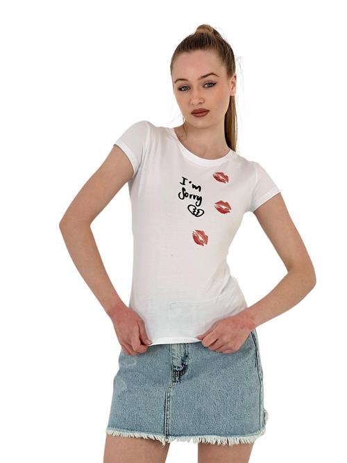 Womens Kiss Printed Short Sleeve Tight White T-Shirt