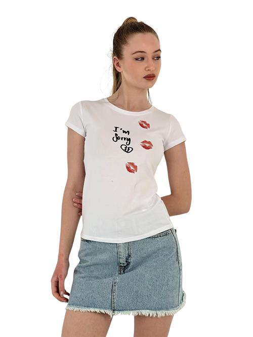 Womens Kiss Printed Short Sleeve Tight White T-Shirt