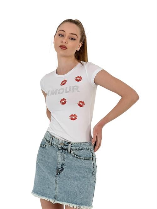 Womens Kissing Stone Short Sleeve Tight White T-Shirt