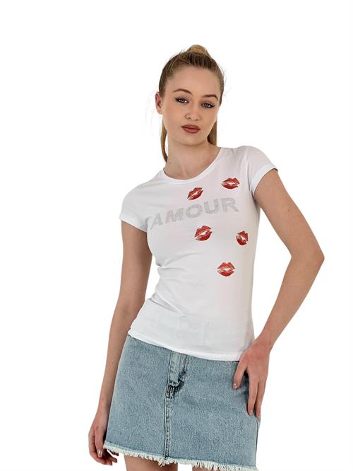 Womens Kissing Stone Short Sleeve Tight White T-Shirt