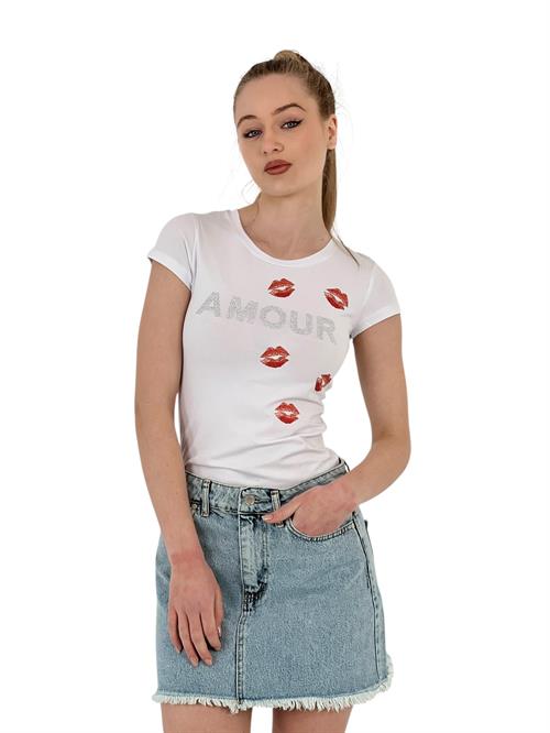 Womens Kissing Stone Short Sleeve Tight White T-Shirt