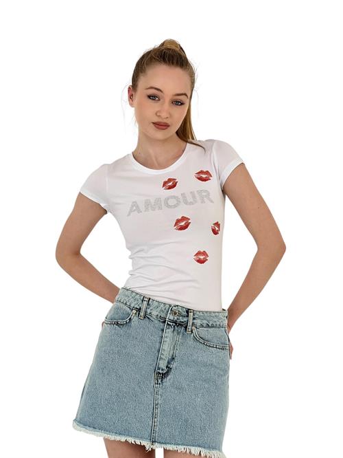 Womens Kissing Stone Short Sleeve Tight White T-Shirt