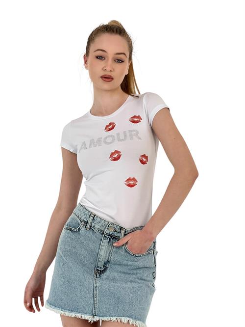 Womens Kissing Stone Short Sleeve Tight White T-Shirt