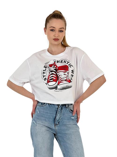 Womens Oversize Printed Short Sleeve White Crop T-Shirt