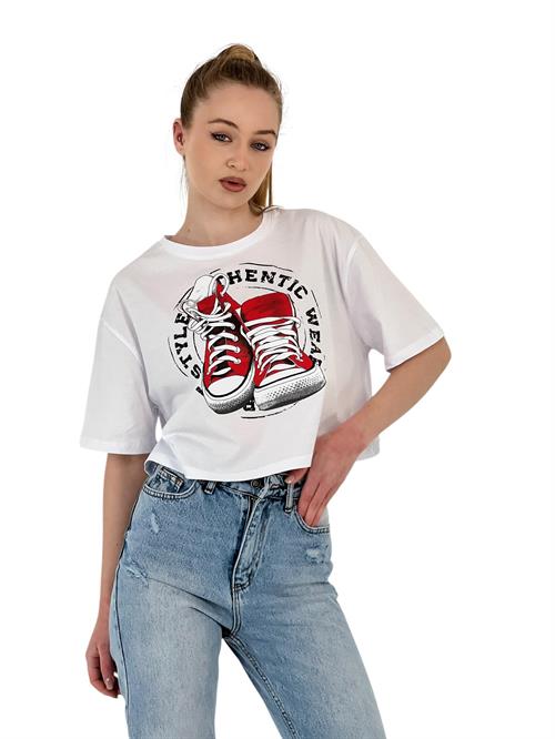 Womens Oversize Printed Short Sleeve White Crop T-Shirt