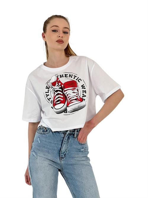 Womens Oversize Printed Short Sleeve White Crop T-Shirt