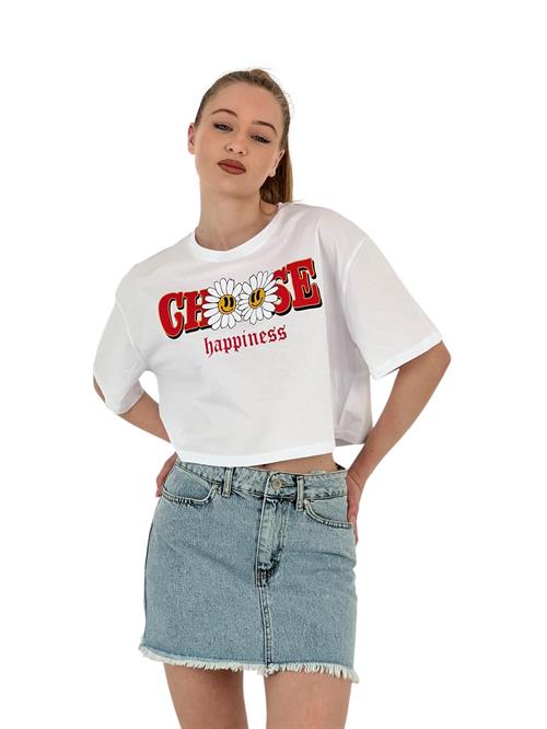 Womens Oversize Floral Print Short White Crop T-Shirt