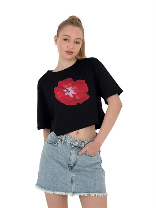 Womens Oversize Rose Printed Short Black Crop T-Shirt