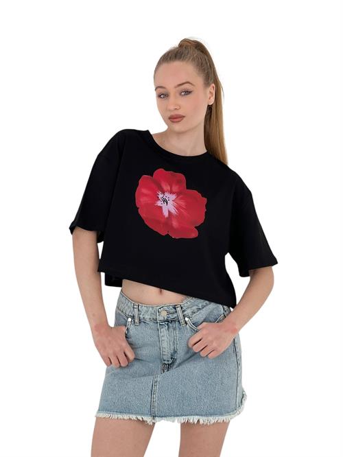 Womens Oversize Rose Printed Short Black Crop T-Shirt