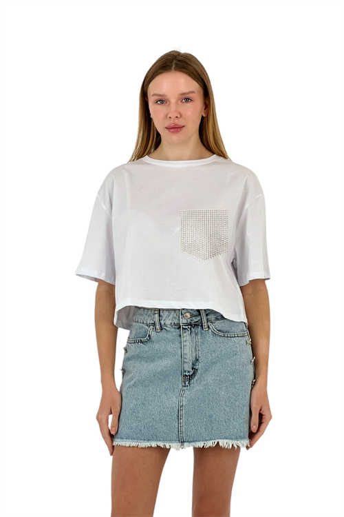 Womens Stone Detailed Pocket Crop T-Shirt