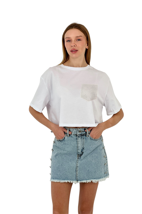 Womens Stone Detailed Pocket Crop T-Shirt