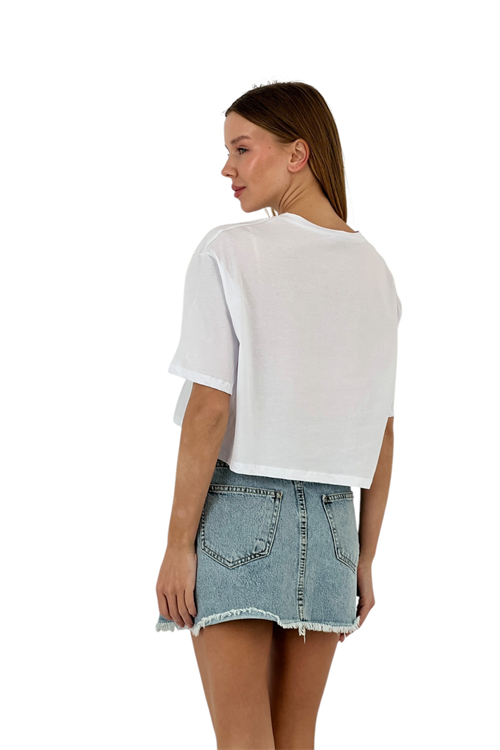 Womens Stone Detailed Pocket Crop T-Shirt