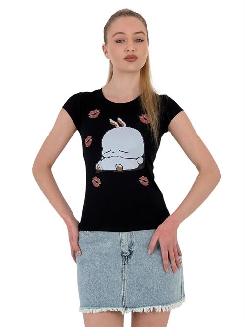 Womens Rabbit Printed Short Sleeve Tight Black T-Shirt