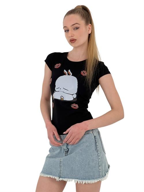 Womens Rabbit Printed Short Sleeve Tight Black T-Shirt