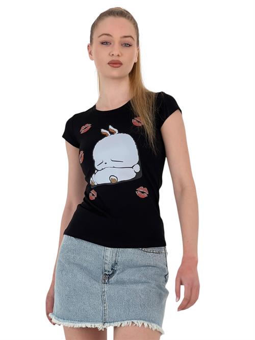 Womens Rabbit Printed Short Sleeve Tight Black T-Shirt