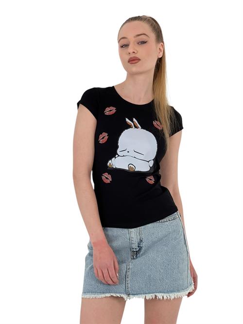 Womens Rabbit Printed Short Sleeve Tight Black T-Shirt