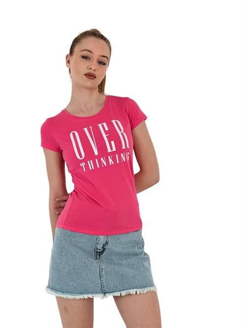 Womens Thinking Printed Short Sleeve Tight Fuchsia T-Shirt