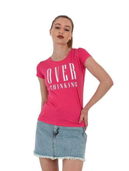 Womens Thinking Printed Short Sleeve Tight Fuchsia T-Shirt