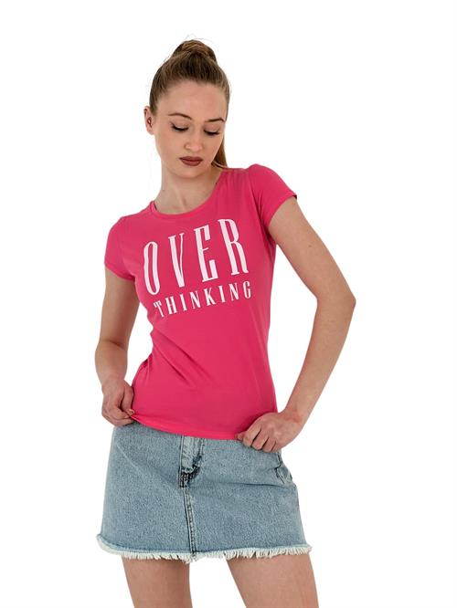 Womens Thinking Printed Short Sleeve Tight Fuchsia T-Shirt