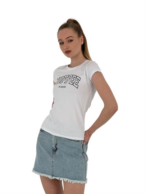 Womens Summer Coffe Print Short Sleeve Tight White T-Shirt