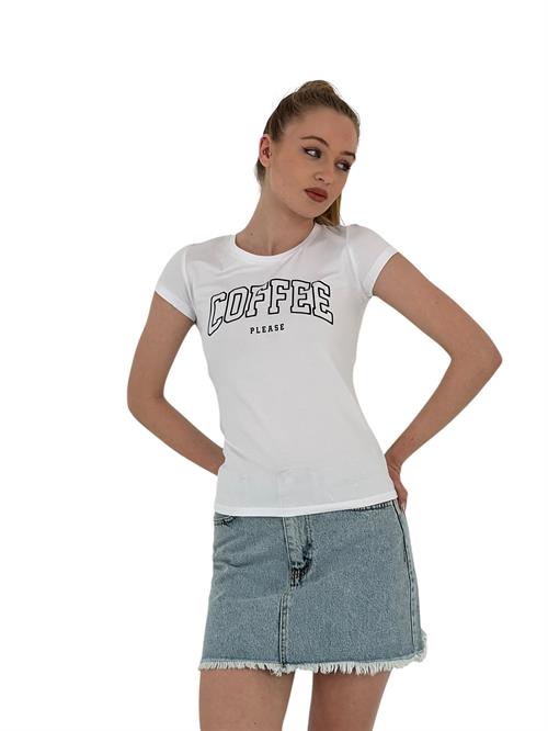 Womens Summer Coffe Print Short Sleeve Tight White T-Shirt