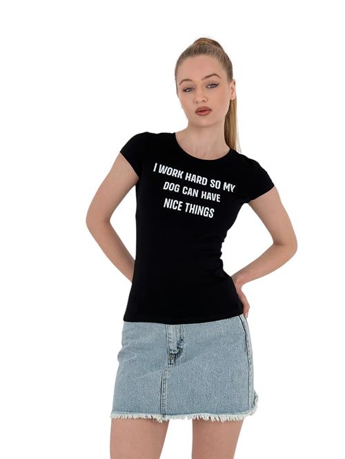 Womens Summer Text Print Short Sleeve Tight Black T-Shirt