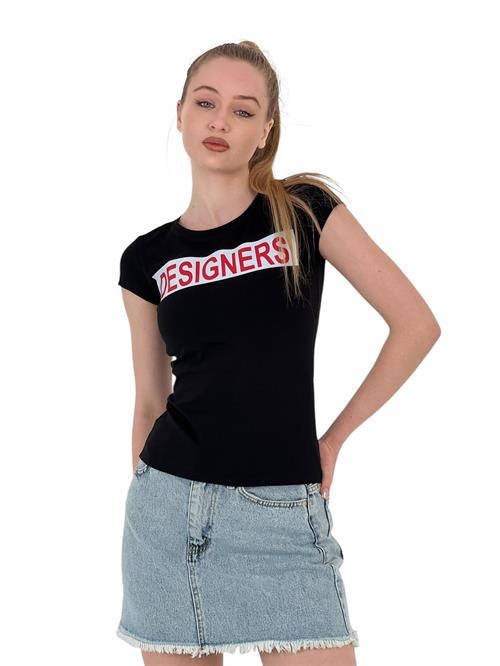 Womens Summer Text Print Short Sleeve Tight Black T-Shirt
