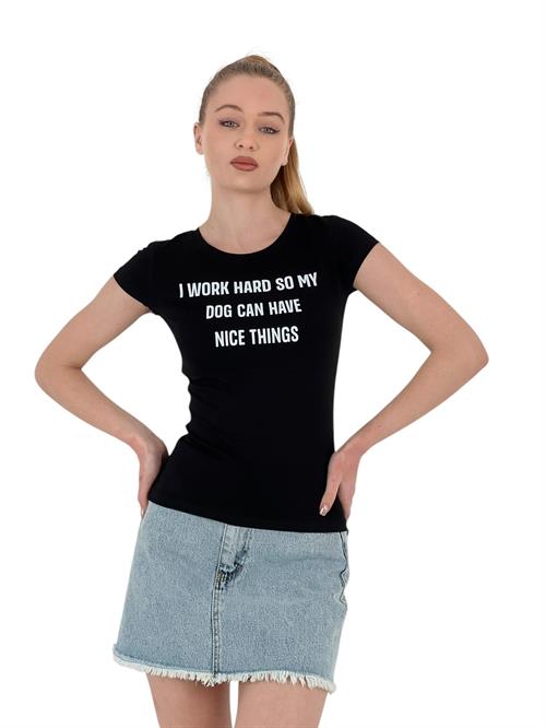 Womens Summer Text Print Short Sleeve Tight Black T-Shirt
