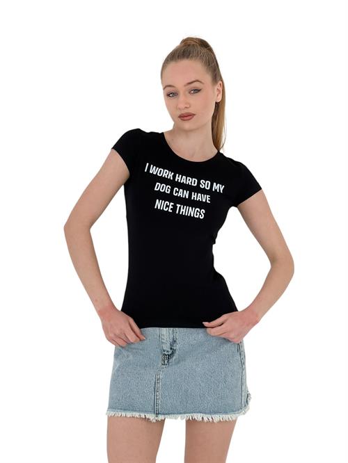 Womens Summer Text Print Short Sleeve Tight Black T-Shirt