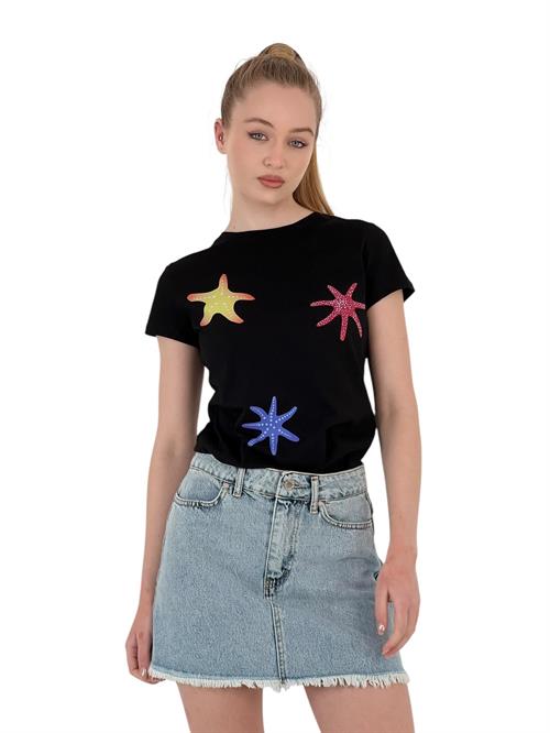 Womens Star Printed Short Sleeve Summer Black T-Shirt