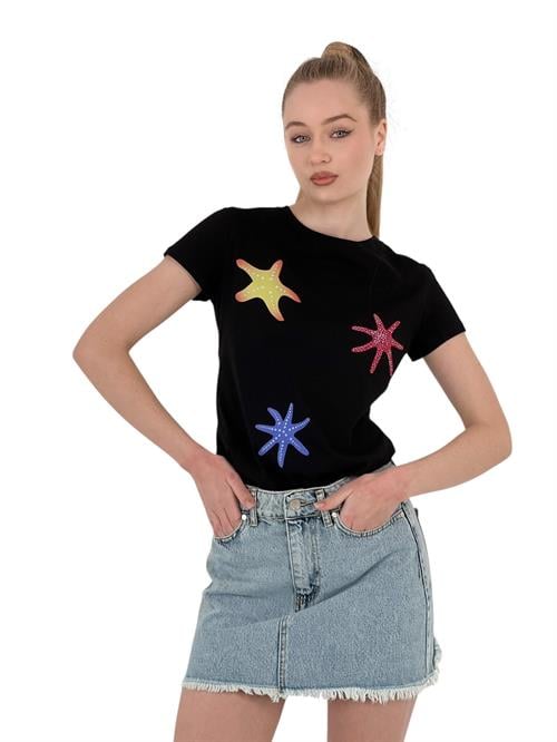 Womens Star Printed Short Sleeve Summer Black T-Shirt