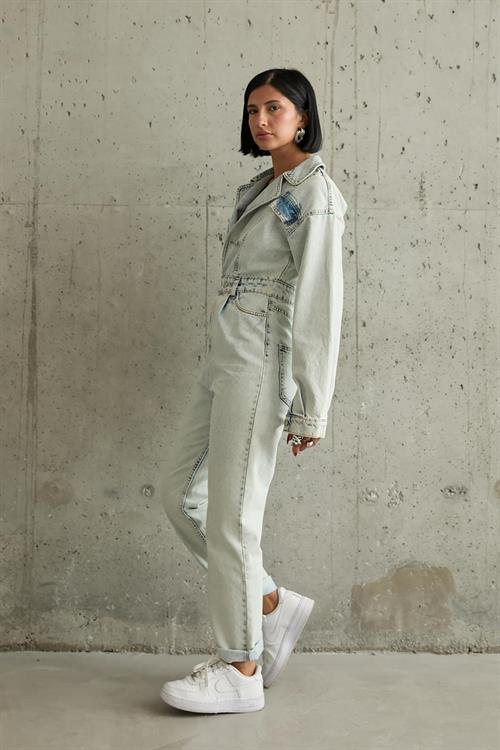 Wholesale Blue Denim Jumpsuit - Snow Washing