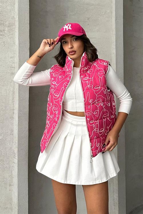 Mixed Print Patterned Fiber Inflatable Wholesale Vest - Fuchsia