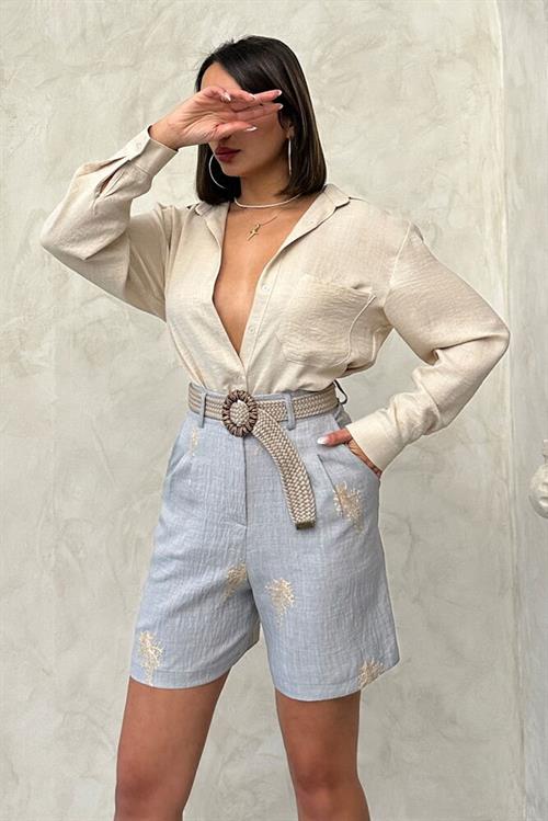 Embroidered Linen Shorts with Belt Detail - Gray