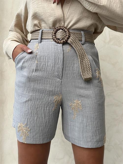 Embroidered Linen Shorts with Belt Detail - Gray