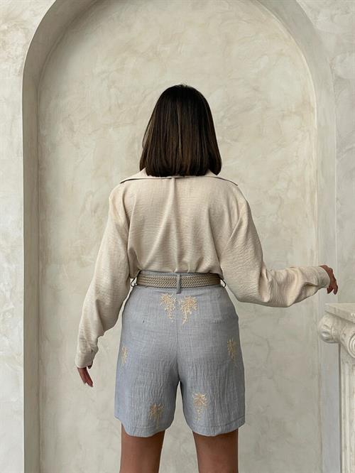 Embroidered Linen Shorts with Belt Detail - Gray
