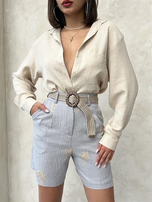 Embroidered Linen Shorts with Belt Detail - Gray